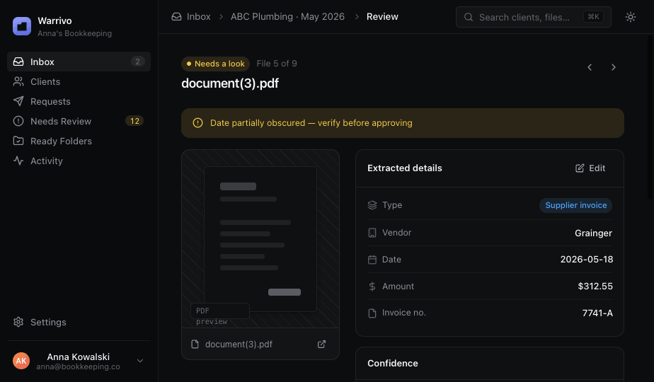 File review: extracted vendor, date, amount, confidence and OCR evidence.